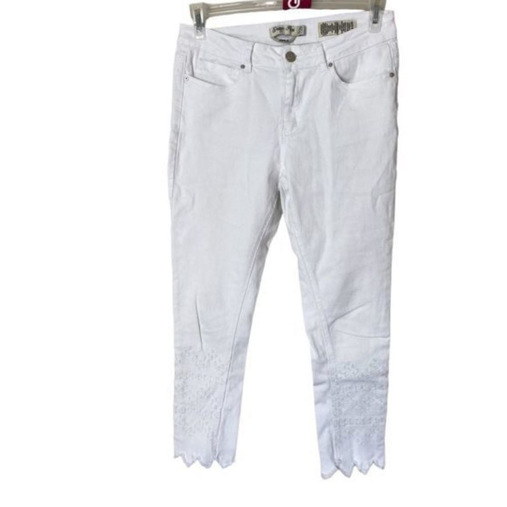 #206 INDIGO REIN white stretch eyelet with zigzag raw hem jeans